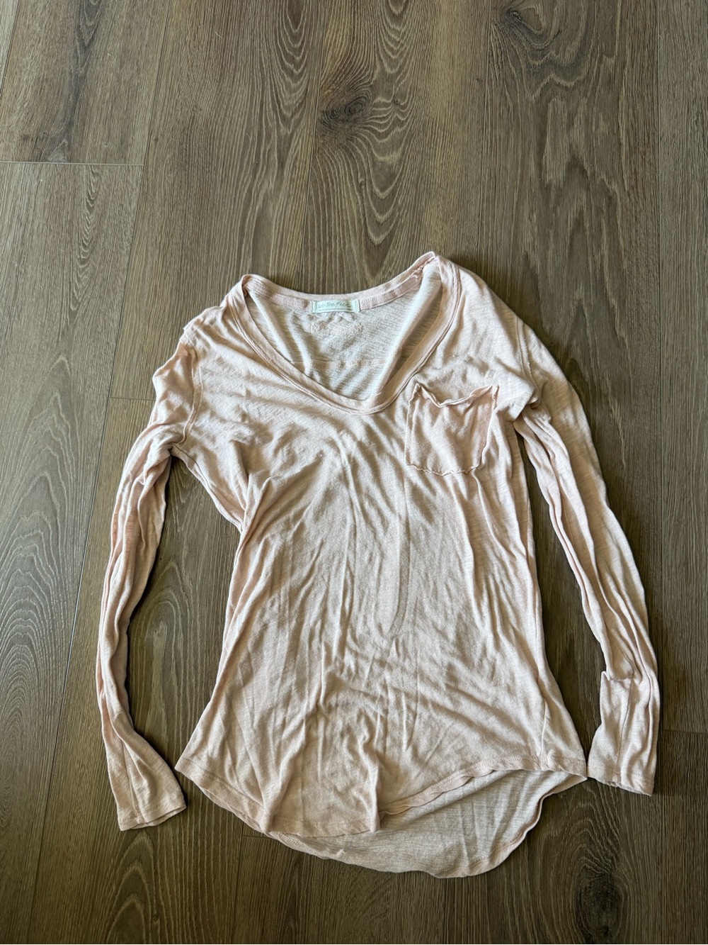 Free People Pale Blush V-Neck Long Sleeve Pocket Tee